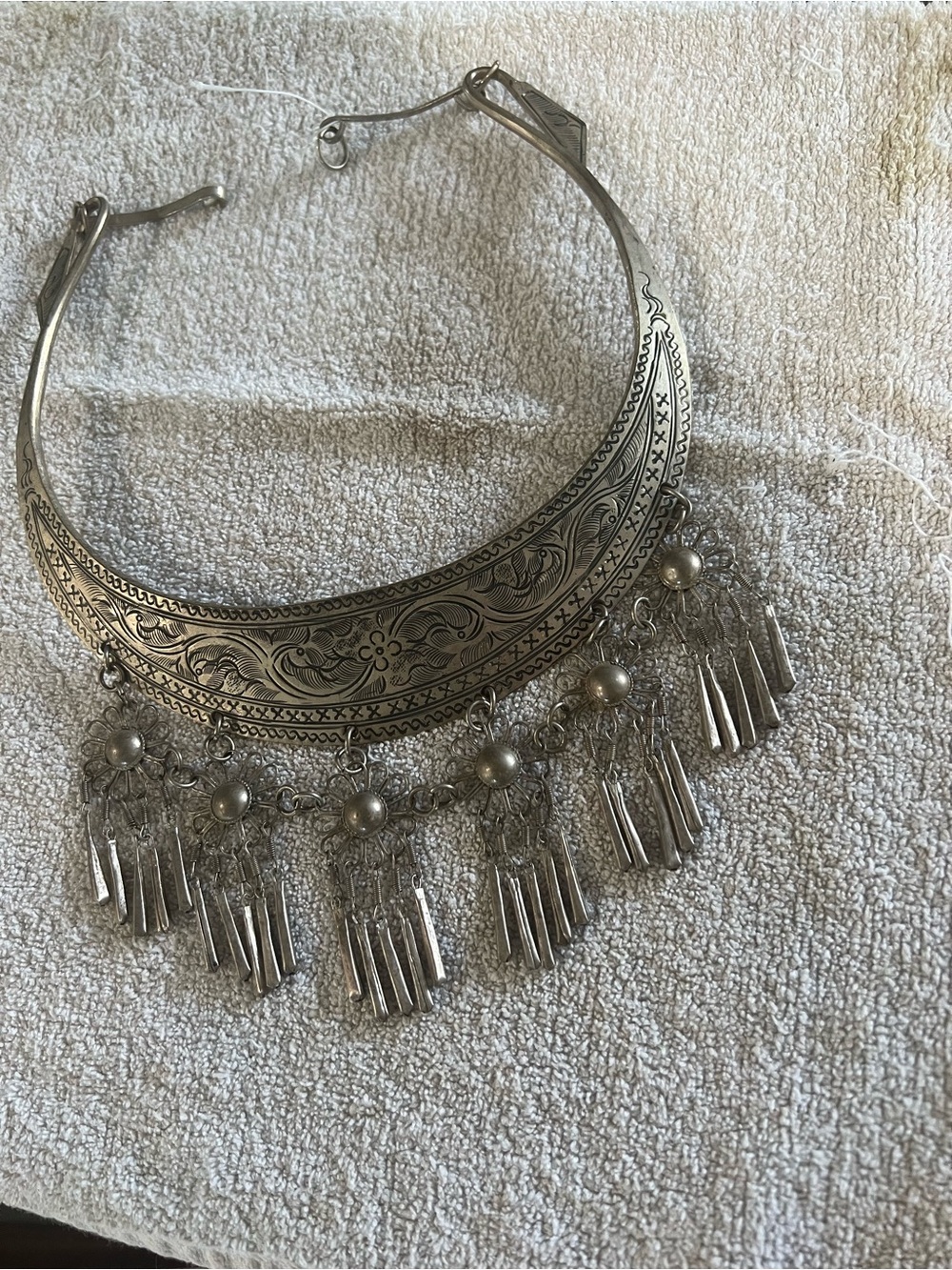 Hand-Engraved Silver-Tone Statement Collar Necklace Thai Hmong ethnic necklace